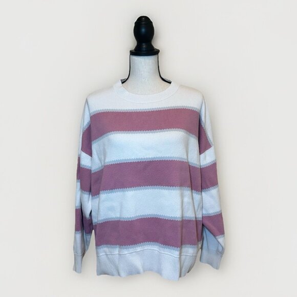 Vans Sweater Women’s Large White With Pink And Blue Stripes Knit Mid Length - Picture 1 of 11